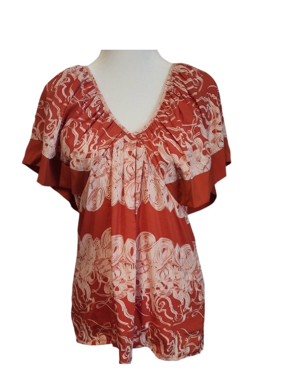 Anthropologie Prairie Rust Red & Cream V-Neck Flutter Sleeve Tunic Silk Blend